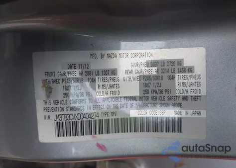 2013 Mazda Cx-9 Touring из США, поврежденный, VIN JM3TB3CVXD0404274